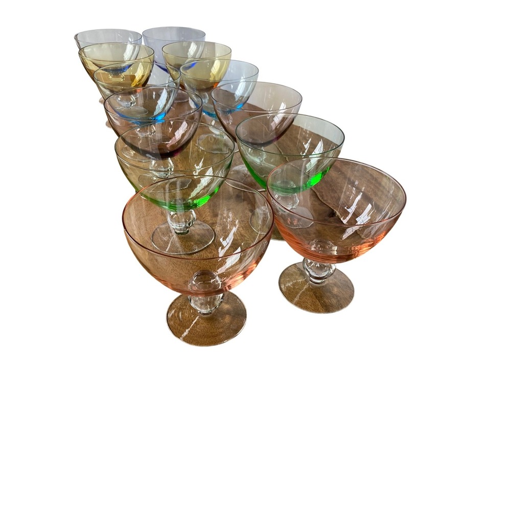 Vintage Multi Color Glass Coupe Set 12 Ball Stem Champagne Martini Sherbet MCM